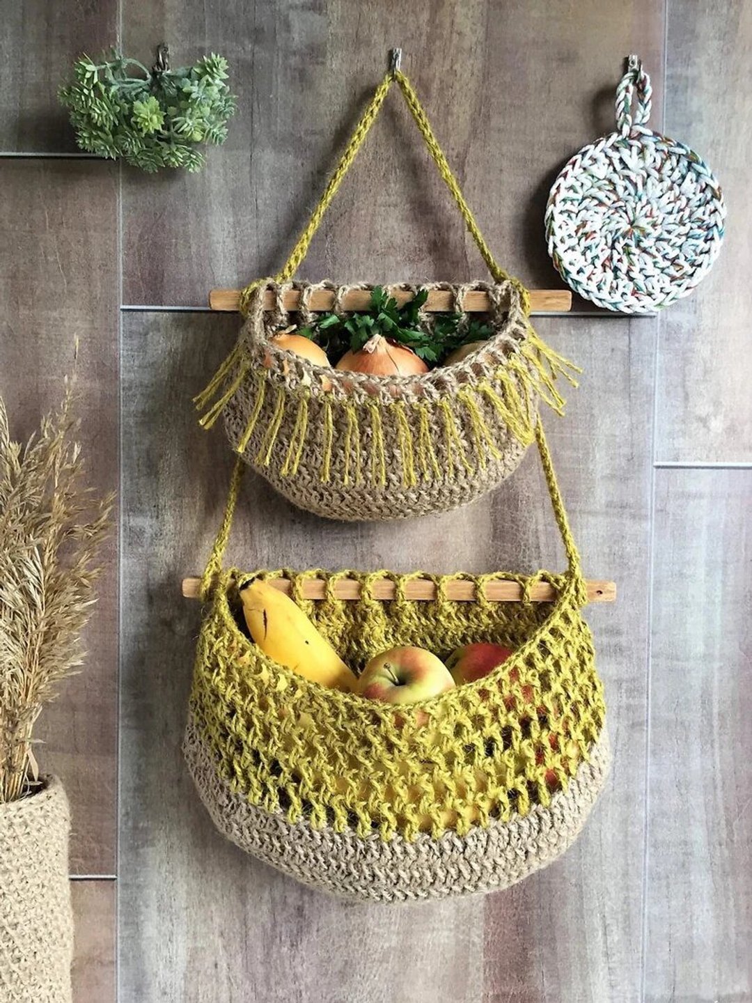 Wall hanging fruit basket Boho style Two tier basket Jute wall basket Set 2 - 置物架/篮子 - 环保材料 卡其色