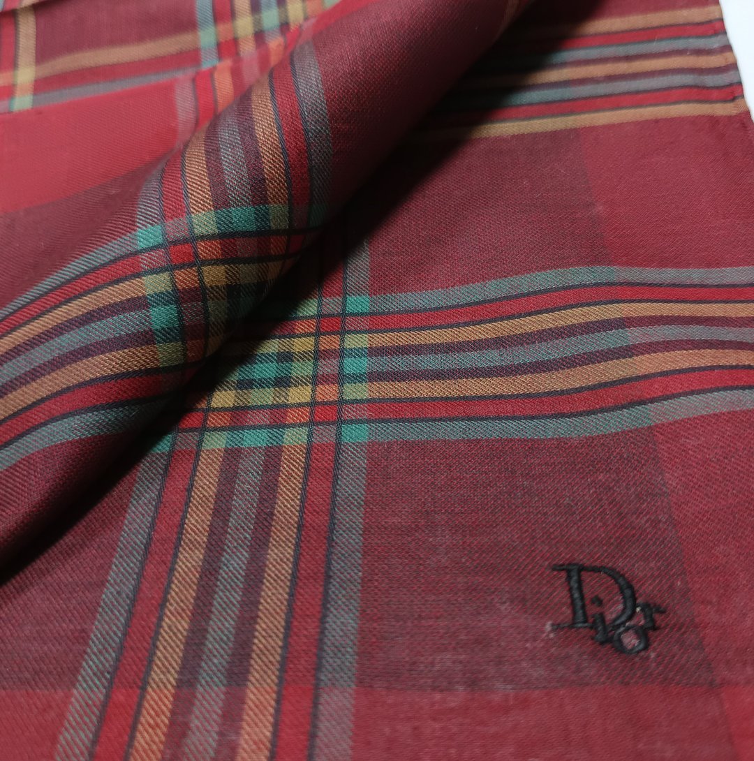 Christian Dior 复古手帕 红色条纹格纹 19 x 19 英寸 - 手帕/方巾 - 棉 红色