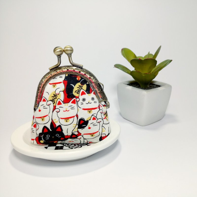 1987 Handmades 【黑白招财猫】迷你口金包 零钱包 - 零钱包 - 棉．麻 白色