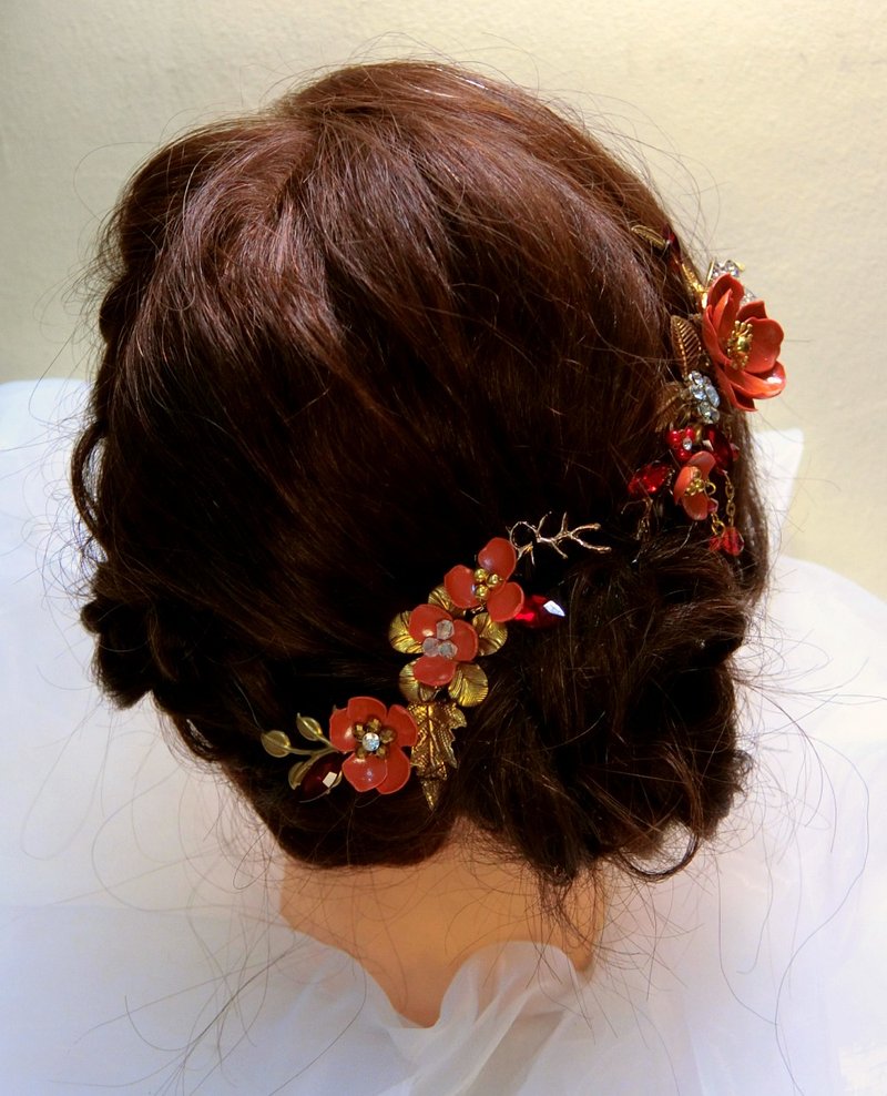 枣红色 手工花  手作 中式 新娘头饰 - 发饰 - 宝石 红色
