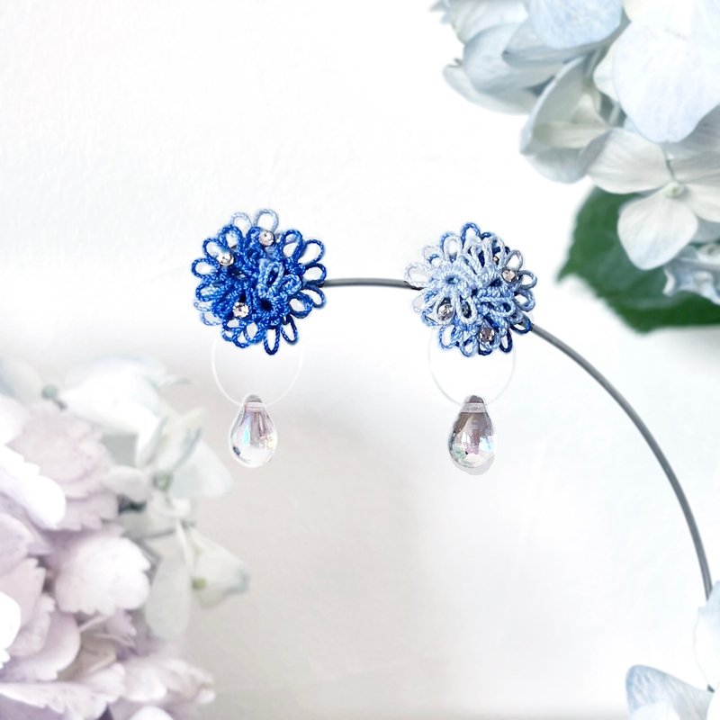 【雪割草】雨滴耳饰 - 耳环/耳夹 - 绣线 蓝色