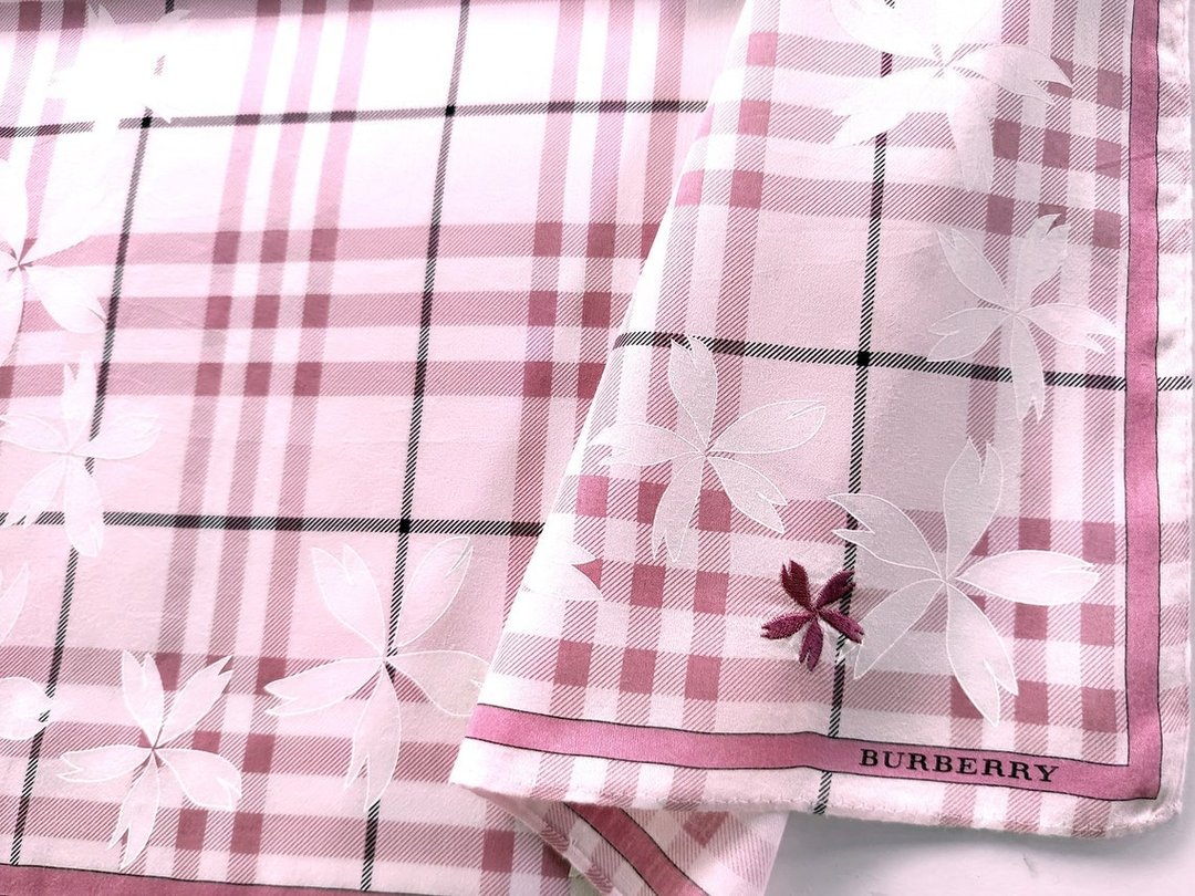 复古 Burberry 棉质丝巾 白色花卉 格纹 粉色 20 x 19.5 英寸 - 手帕/方巾 - 棉 粉红色