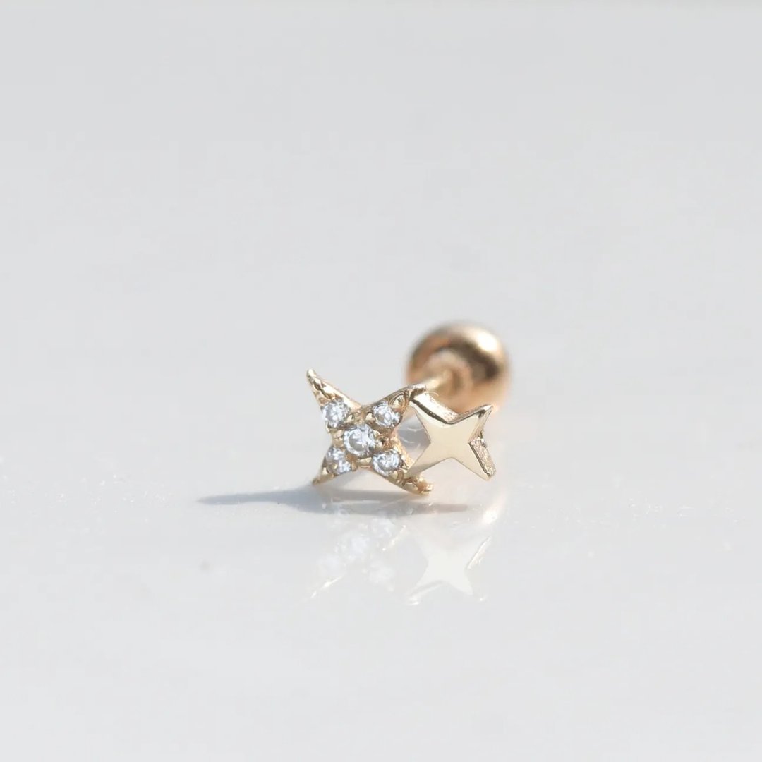 14K 星芒钻锁珠耳环_MNT596 (单个) 耳骨 耳窝 不退色 - 耳环/耳夹 - 贵金属 金色