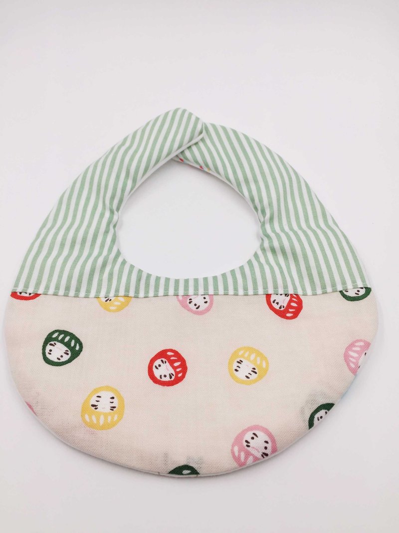 可爱福神拼接绿条纹围兜 二重纱 口水巾 设计款 弥月礼 - 围嘴/口水巾 - 棉．麻 绿色
