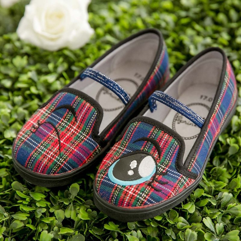 Remy蓝格子眨眼睛乐福鞋(小孩)-(特价商品 仅接受退货) - 童装鞋 - 棉．麻 蓝色