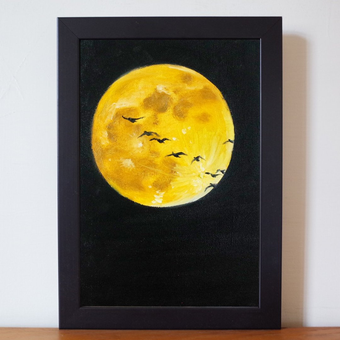 风景#2 月夜雁群 油画 F1号 含框尺寸约26*19cm - 海报/装饰画/版画 - 颜料 黑色