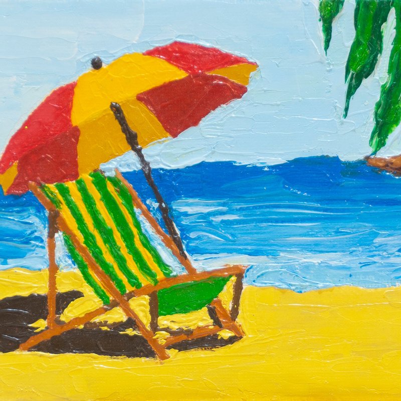 Florida Beach Painting Deckchair Umbrella Original Art Seascape Wall Art Seaside - 海报/装饰画/版画 - 其他材质 多色