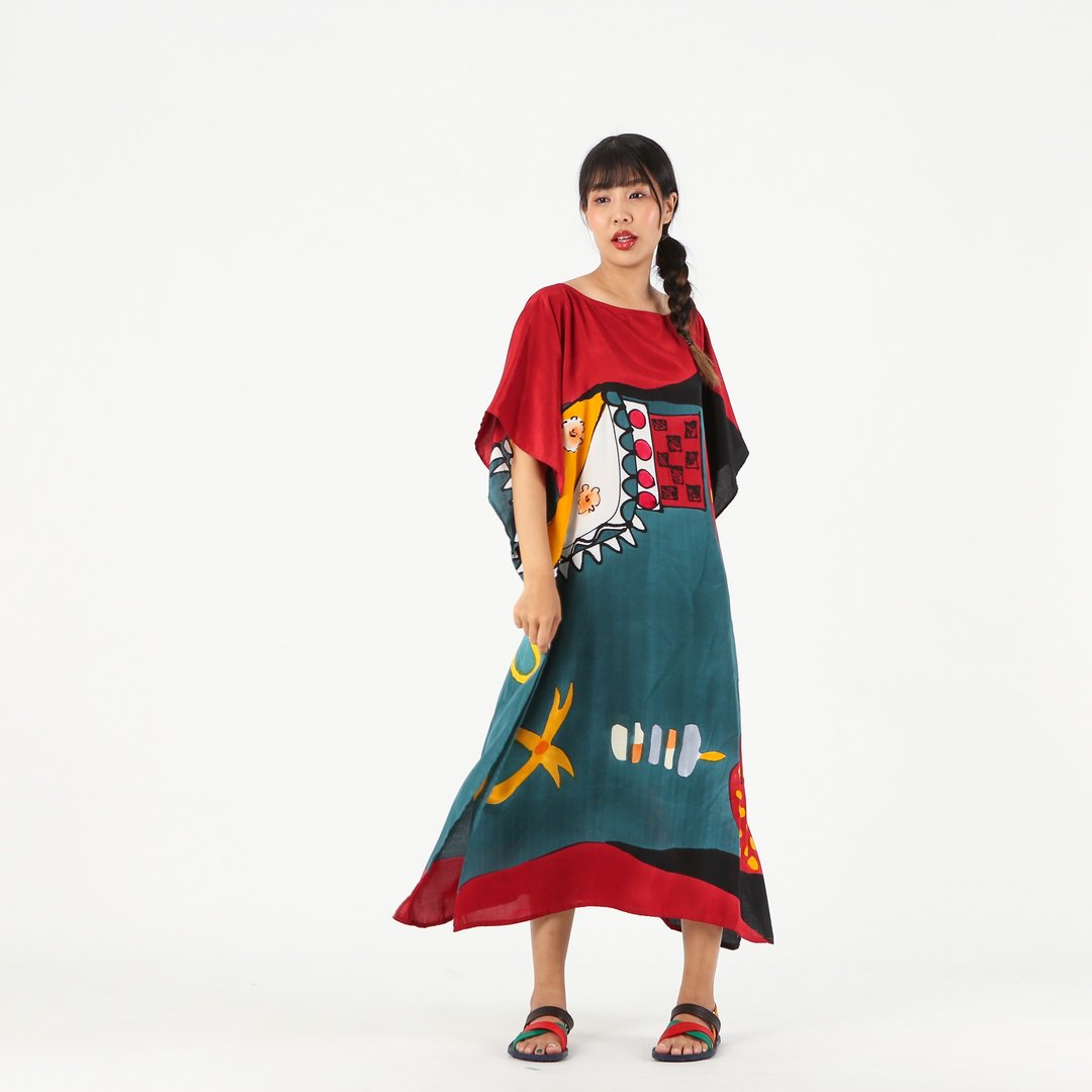 Hand Painted Cotton Silk Kaftan for Summer Resort Vacation - 洋装/连衣裙 - 棉．麻 红色