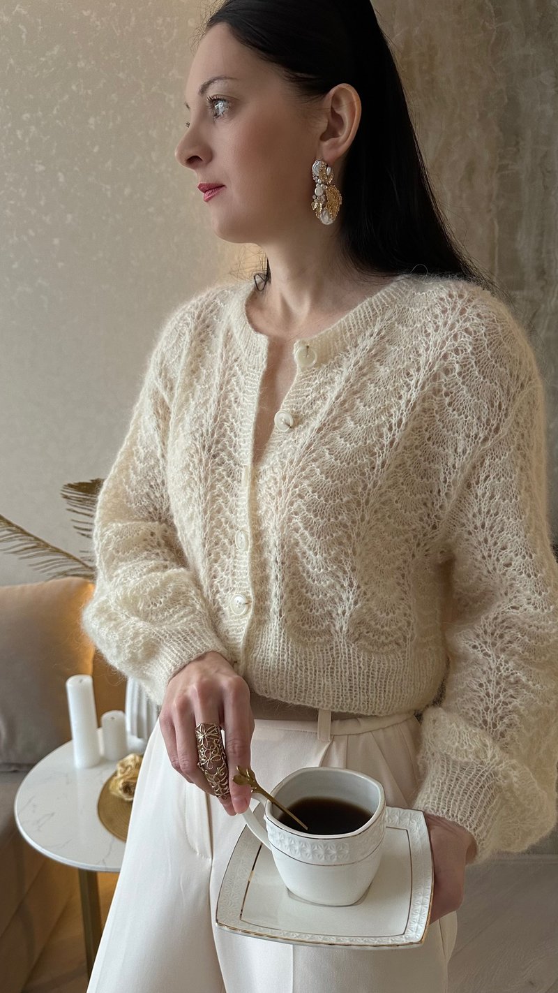 马海毛毛衣 女款 手工针织开襟外套 手织短版上衣 - 女装针织衫/毛衣 - 羊毛 
