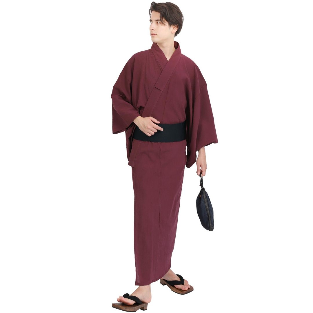 日本 和服 男 杨柳 浴衣 腰封 2件 套组 M-5L 红 z38-05 - 其他 - 棉 红色