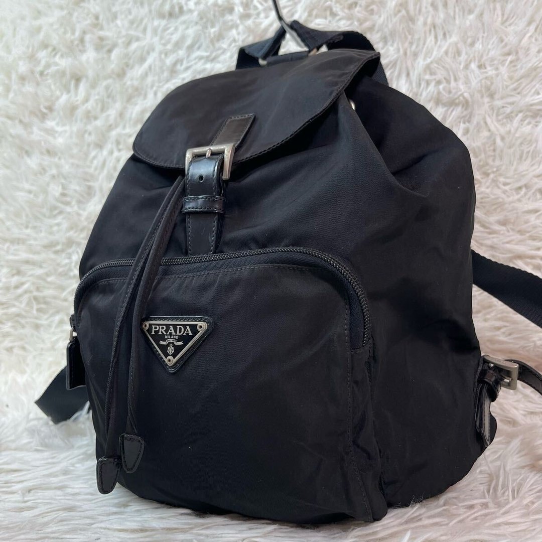 绝版古董品 Prada黑色银标尼龙双肩包 后背包 背囊 中古包 二手包 - 后背包/双肩包 - 防水材质 黑色