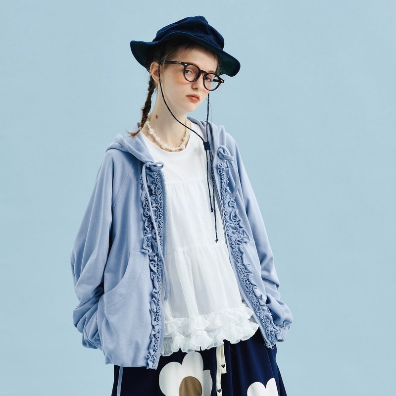 蓝色针织缀花连帽外套 - 女装休闲/机能外套 - 棉．麻 蓝色