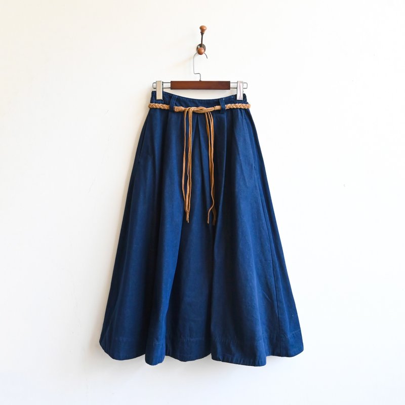 【蛋植物古着】编织腰带高腰牛仔古着长裙 - 裙子 - 棉．麻 蓝色