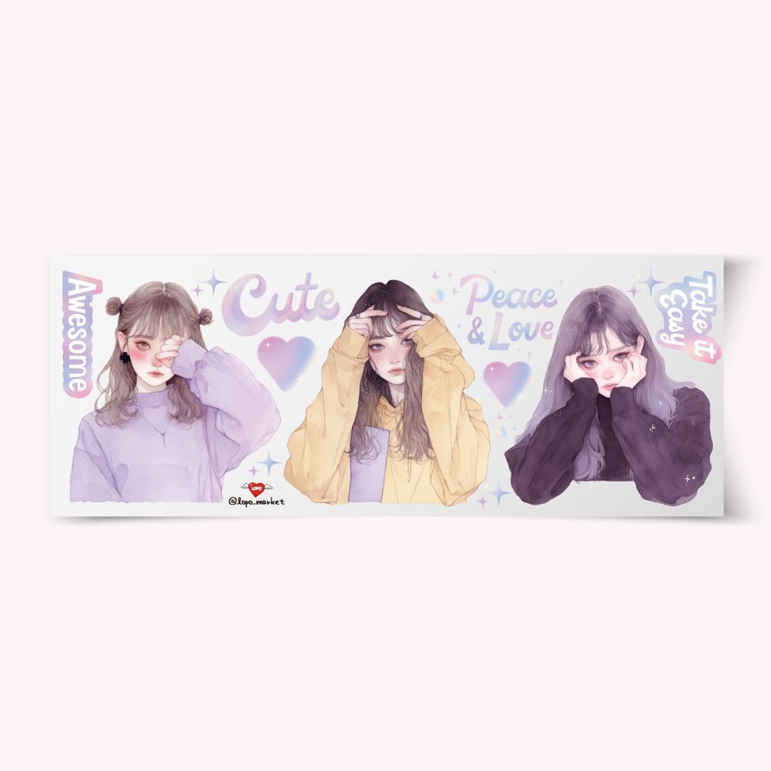 害羞女孩角色贴纸 4 张 - 贴纸 - 纸 