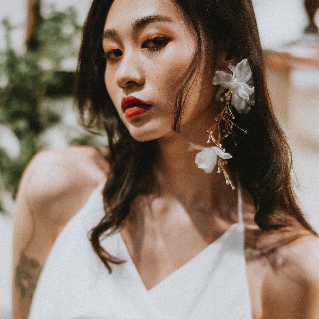 芭蕾伶娜 //垂坠水晶纱花//单边耳环 - 耳环/耳夹 - 其他人造纤维 白色