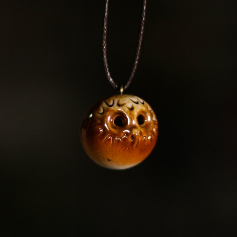 柴烧陶精油项链  太阳脸猫头鹰 - 项链 - 陶 咖啡色