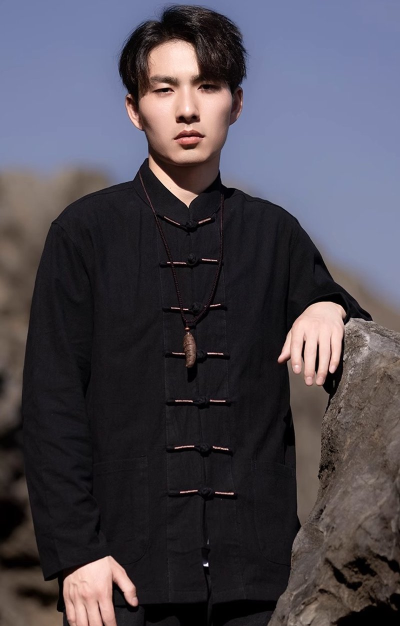 中式复古 撞色盘扣唐装 中国风长袖衬衫 - 男装衬衫 - 其他材质 黑色