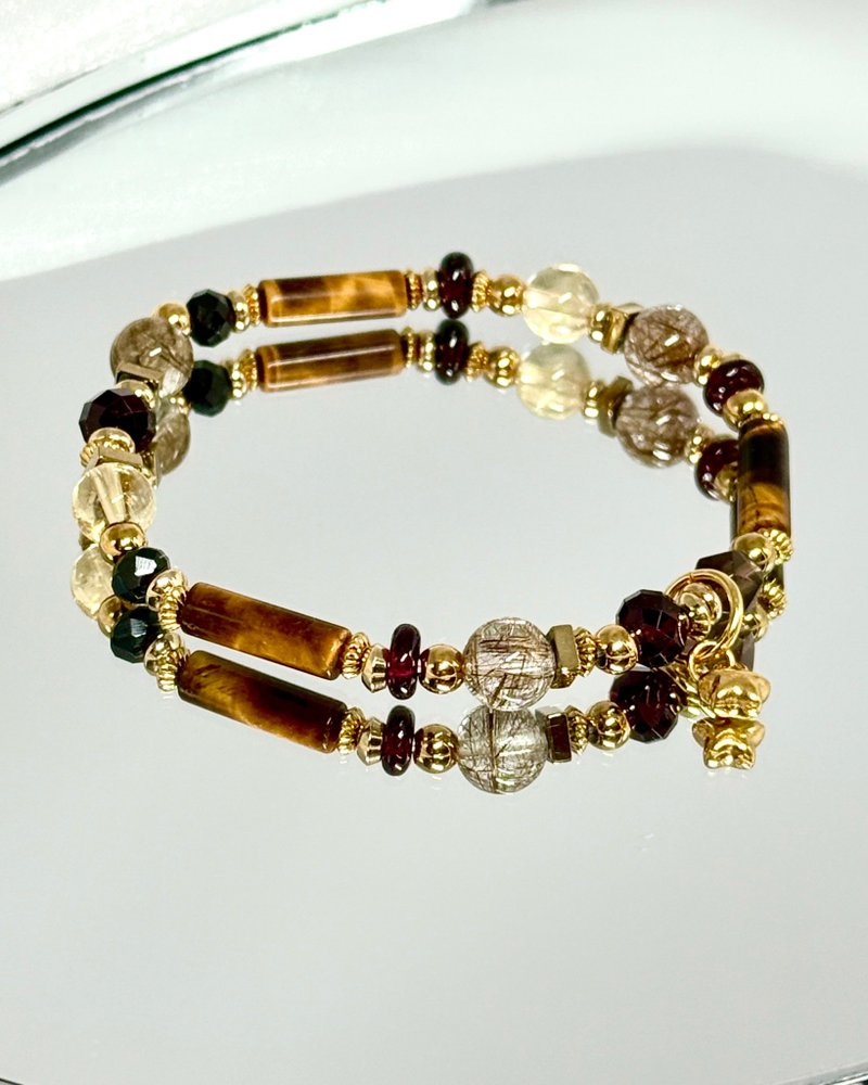 苍穹之境水晶手链 - 18K 金医疗钢/魔鬼发晶/虎眼石/黄水晶/红石榴 - 手链/手环 - 水晶 金色