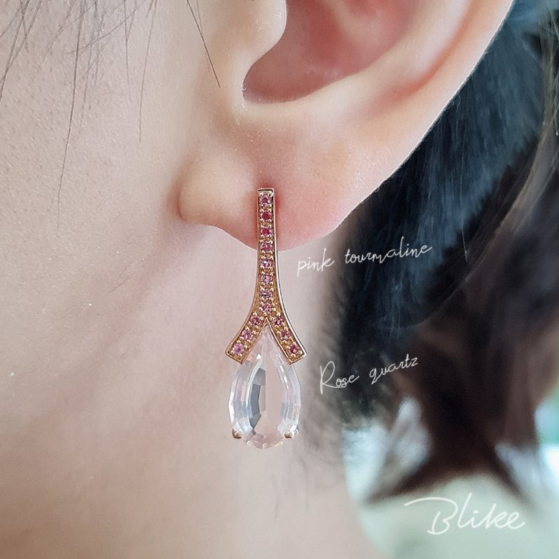 Rose quartz and Pink tourmaline Earring - 耳环/耳夹 - 纯银 粉红色
