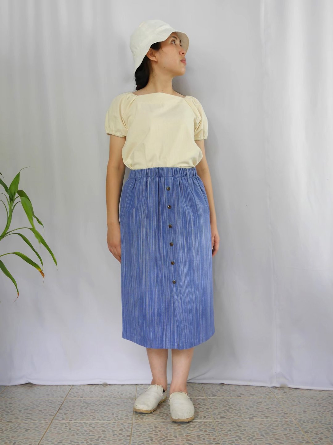 Handwoven cotton skirt small (blue - white) - 裙子 - 棉 蓝色