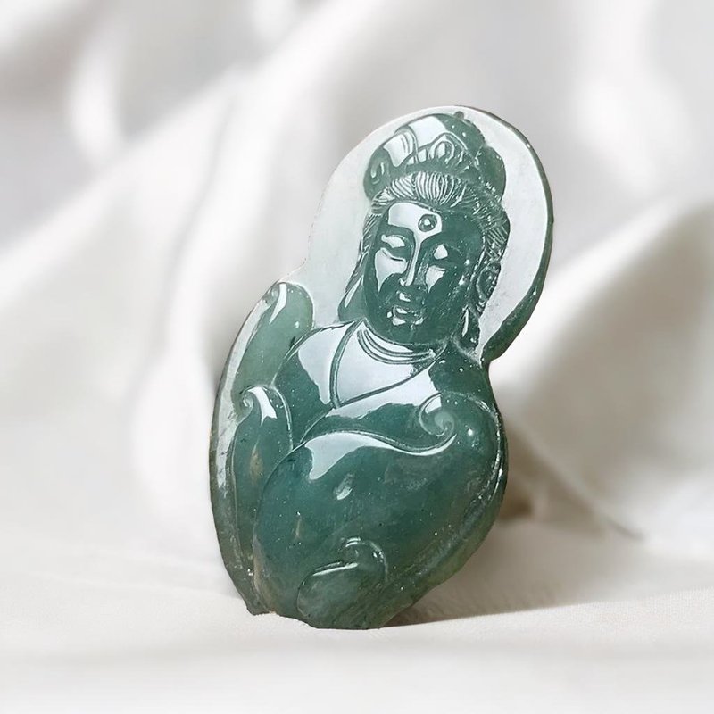 冰油青翡翠观音菩萨项链 | 天然缅甸玉翡翠A货 | 送礼 - 项链 - 玉石 绿色