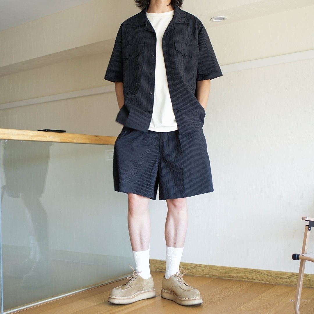 Campcollar Shirt泡泡纱条纹宽版短袖衬衫 - 男装衬衫 - 其他材质 黑色