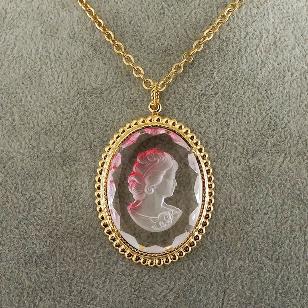 Clear Pink Vintage Glass Lady Girl Intaglio Cameo Gold Pendant Necklace Jewelry - 项链 - 玻璃 粉红色