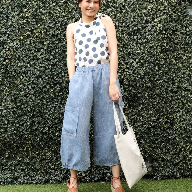 Natural Linen Pants elasticated details at the leg and oversize pockets - Blue - 女装长裤 - 亚麻 蓝色