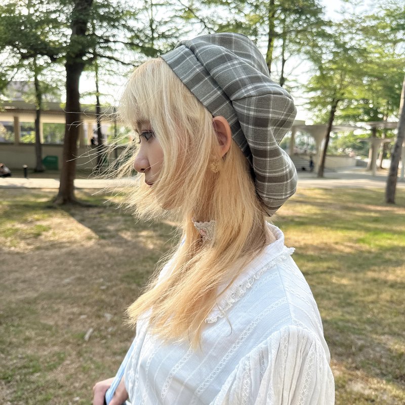 英伦风格纹 绿 手作贝蕾帽 格纹贝雷帽 - 帽子 - 棉．麻 绿色