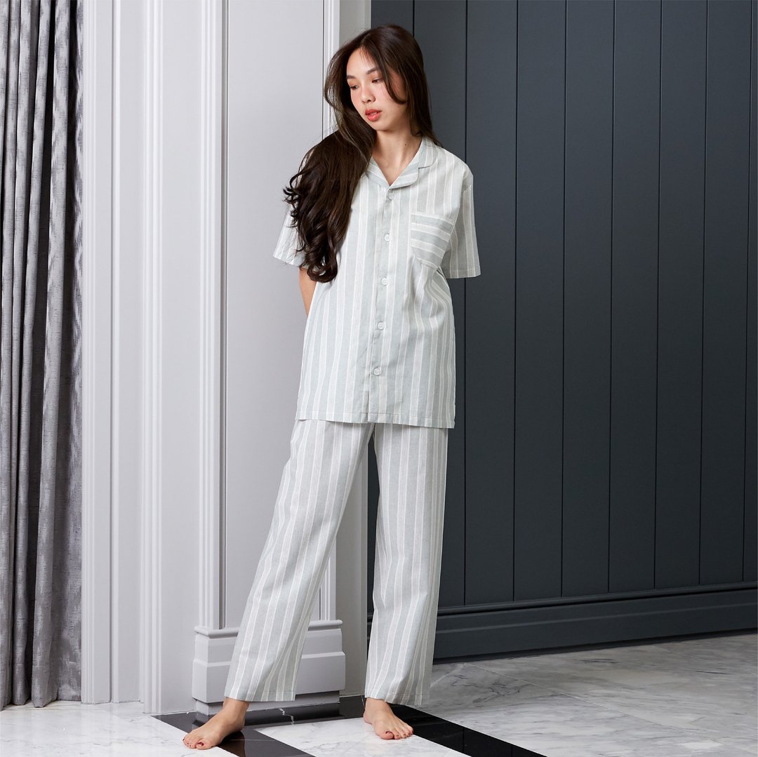 Linen Pajamas Short sleeve with Pants - 居家服/睡衣 - 亚麻 绿色