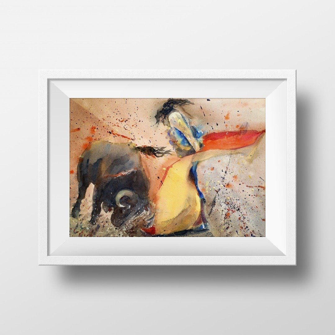 Bullfighter watercolor art print, printable Wall Art, Digital 9 Files Download - 电子手绘真人画像/绘画/插画 - 其他材质 
