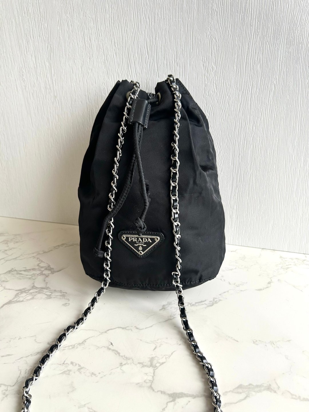 中古包 Prada 黑银链子迷你水桶包 侧背包 斜背包 单肩包 二手包 - 侧背包/斜挎包 - 尼龙 黑色