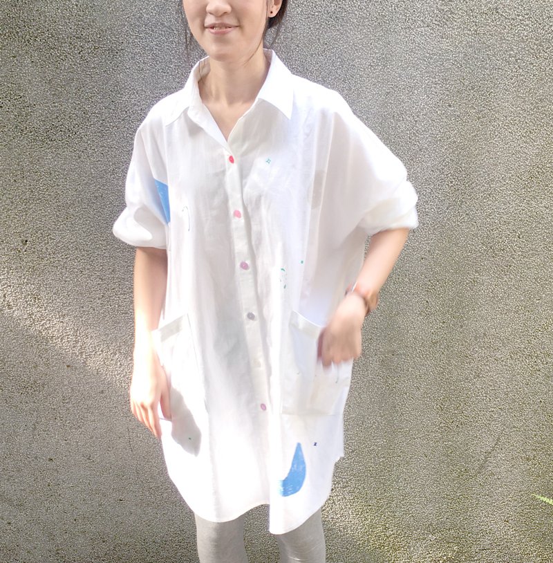 ＊最后现货＊yinke第一号衬衫-小狗月亮树木彩扣干净白色大口袋衬衫 - 女装衬衫 - 其他材质 