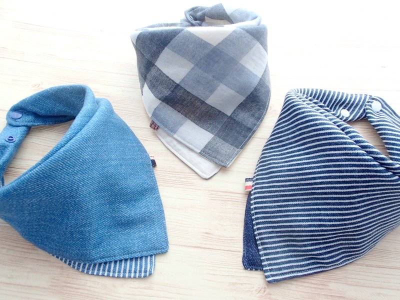 Baby Bib, Set of 3, Baby Bandana Bib, Reversible, Japanese Double Gauze, 口水巾 - 围嘴/口水巾 - 棉．麻 蓝色