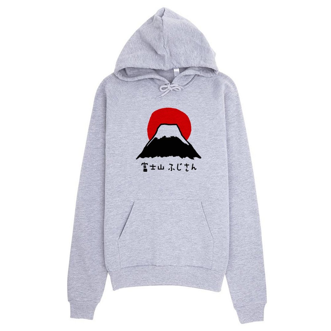 富士山 #1前图款【现货】中性长袖刷毛连帽T 灰色  日本 风景 樱花 太阳 雪 自创 品牌 文青 Hipster - 中性连帽卫衣/T 恤 - 棉 灰色