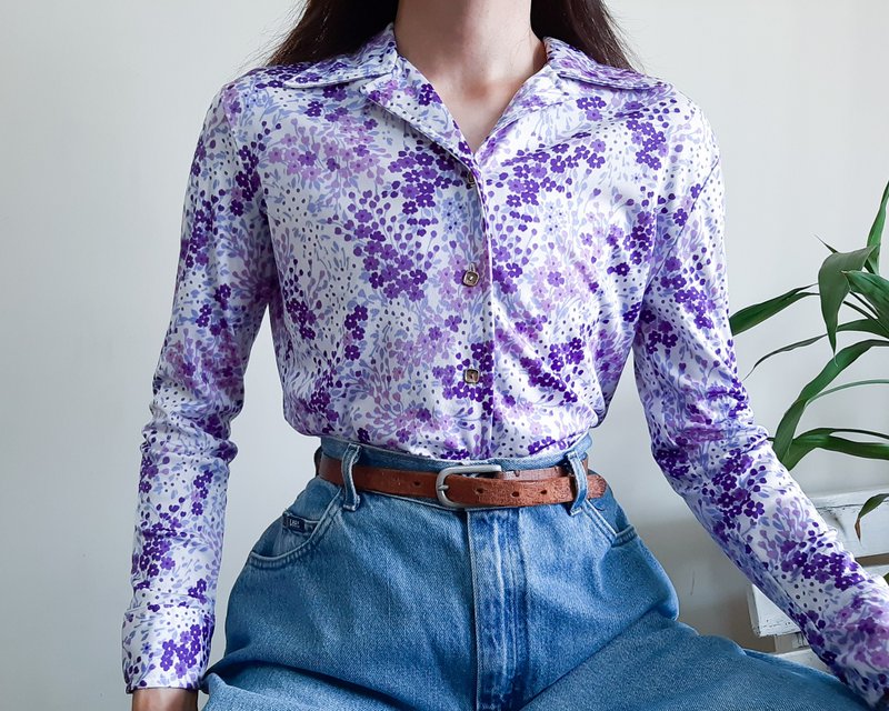 复古 70 年代紫色花卉衬衫迪斯科衬衫匕首领纽扣上衣 - 女装衬衫 - 聚酯纤维 紫色
