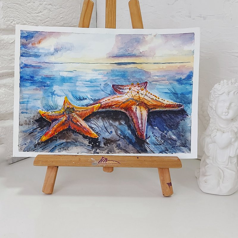 Sea Watercolor Art Starfish Original Painting Seascape Wall Painting - 海报/装饰画/版画 - 纸 蓝色