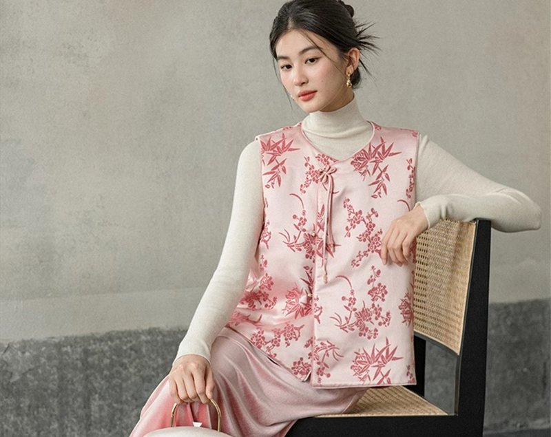 新中式中国风 漳绒缎竹菊纹样汝胭粉丝绒 背心/半裙 - 女装背心 - 其他材质 粉红色