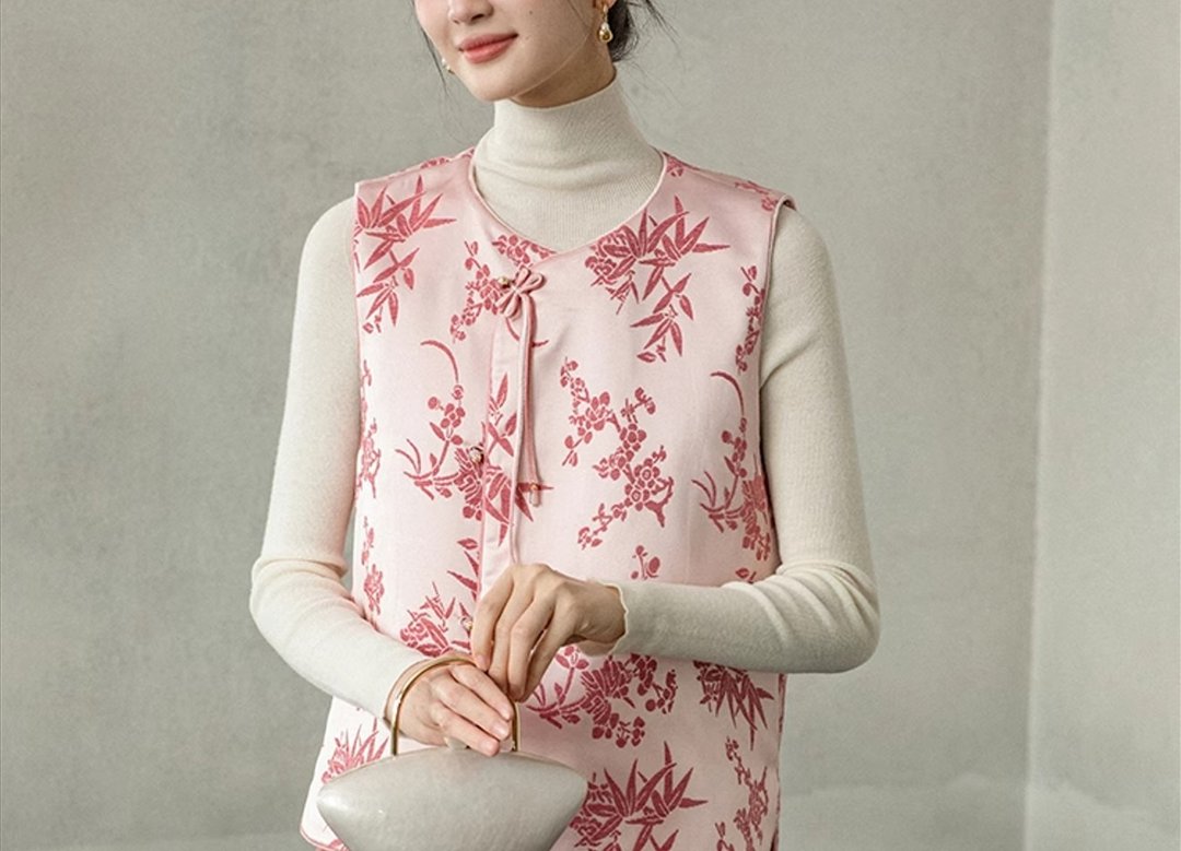 新中式中国风 漳绒缎竹菊纹样汝胭粉丝绒 背心/半裙 - 女装背心 - 其他材质 粉红色