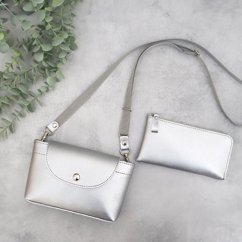 优惠套装 迷你斜挎包与超薄型长钱包 极轻盈防水抗刮优质人造皮革 - 皮夹/钱包 - 其他材质 银色