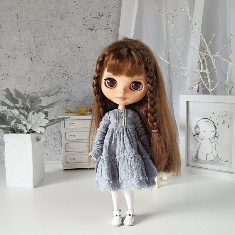 Grey-blue dress Blythe Clothes Blythe doll Handmade dress doll - 玩偶/公仔 - 棉．麻 