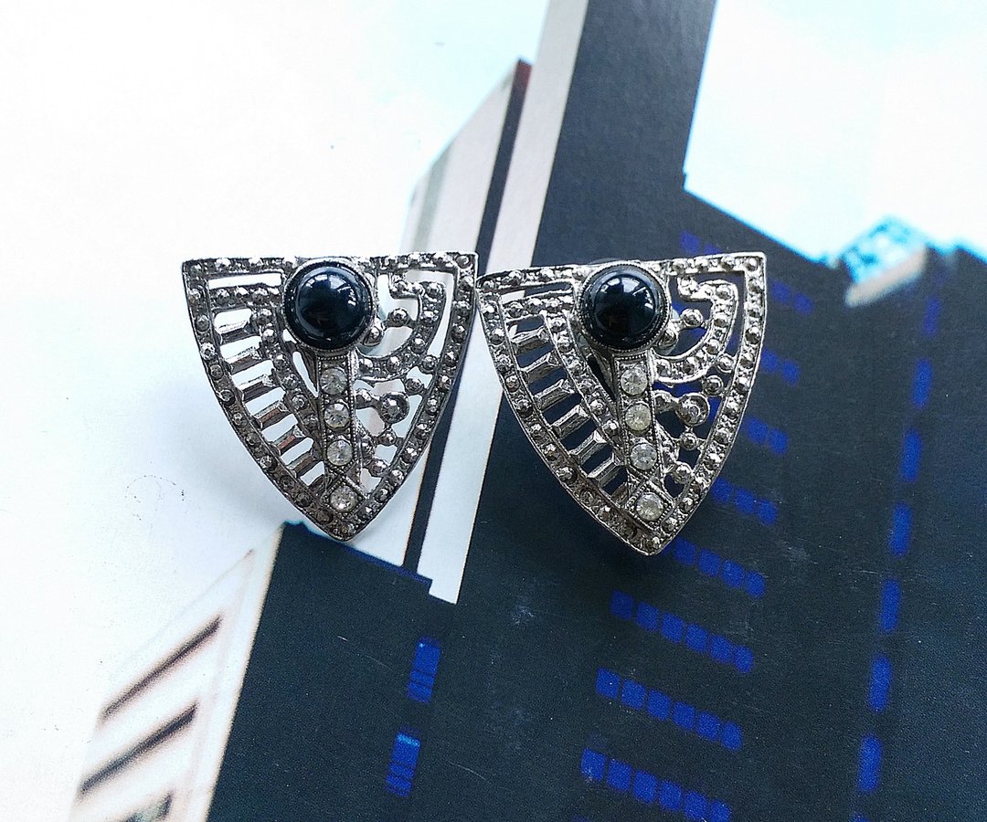 Vintage Jewelry 西洋古董饰品  ART DECO 银色调 针式耳环 - 耳环/耳夹 - 其他金属 金色
