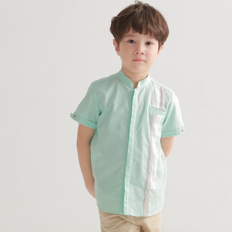 不对衬条纹立领衬衫(蓝绿/牛仔蓝) - 童装上衣 - 棉．麻 