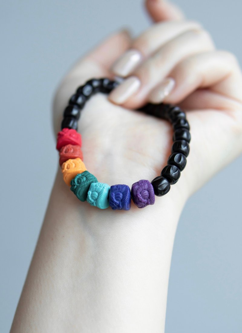 雪巴琉璃七彩醒狮 + 印尼黄金椰蒂 手串 盘玩  招财纳福 开运避害 - 手链/手环 - 琉璃 