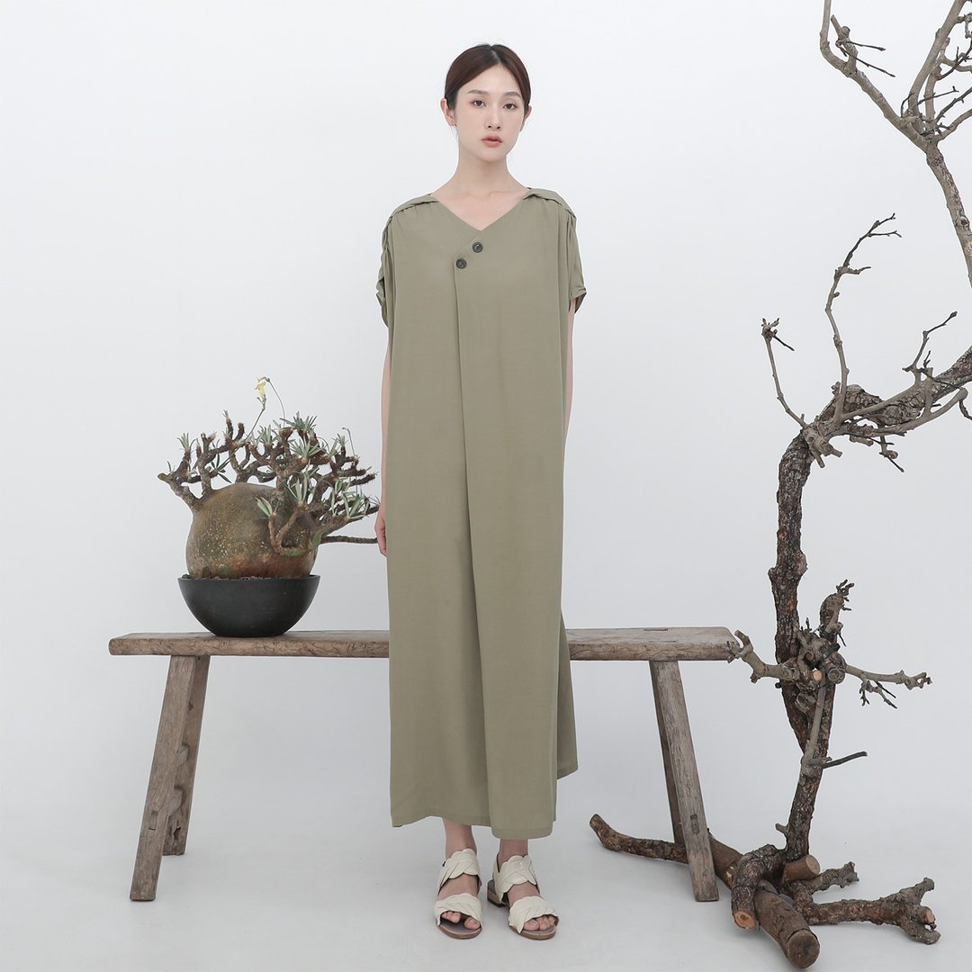 Fanghua_芳华剪接上衣洋装_23SF111_绿 - 洋装/连衣裙 - 聚酯纤维 绿色