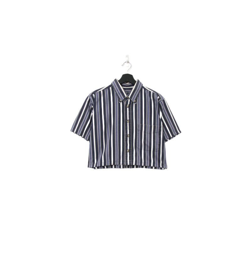 Back to Green-再制条纹短板衬衫 紫蓝  ds-09//vintage shirt - 女装衬衫 - 棉．麻 