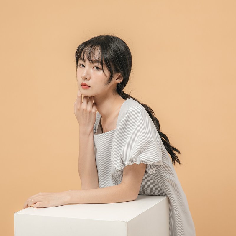 Liwa_离瓦口袋洋装_20SF110_灰白条纹 - 裙子 - 聚酯纤维 蓝色