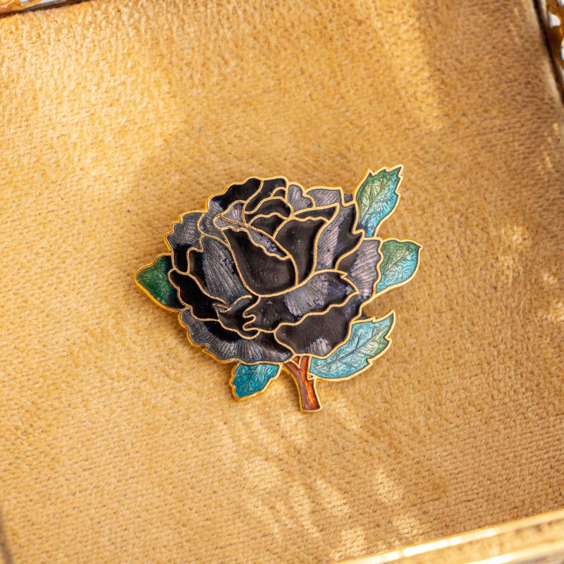 美国古董 午夜蓝玫瑰景泰蓝珐琅工艺 镀金胸针 - 胸针 - 珐琅 蓝色