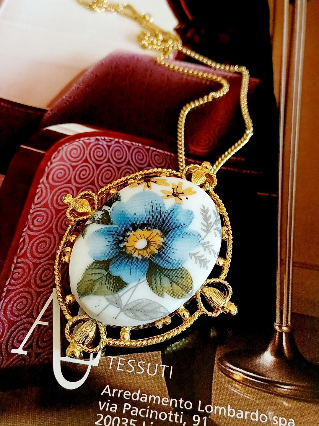 vintage jewelry 古典印染花卉别针 项链 - 项链 - 其他金属 