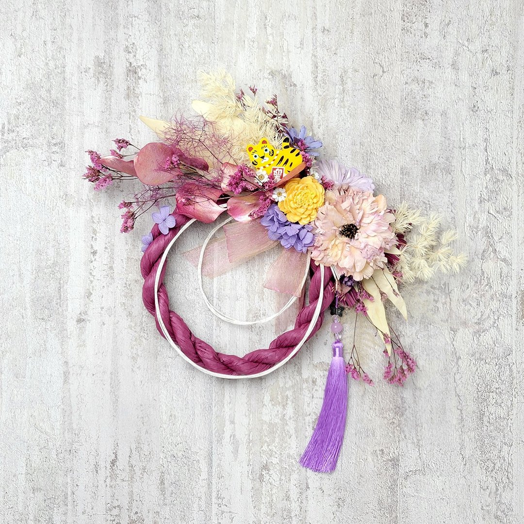 日式祈福注连绳-福猫迎春粉紫色系 永生干燥花挂饰 - 干燥花/捧花 - 植物．花 紫色